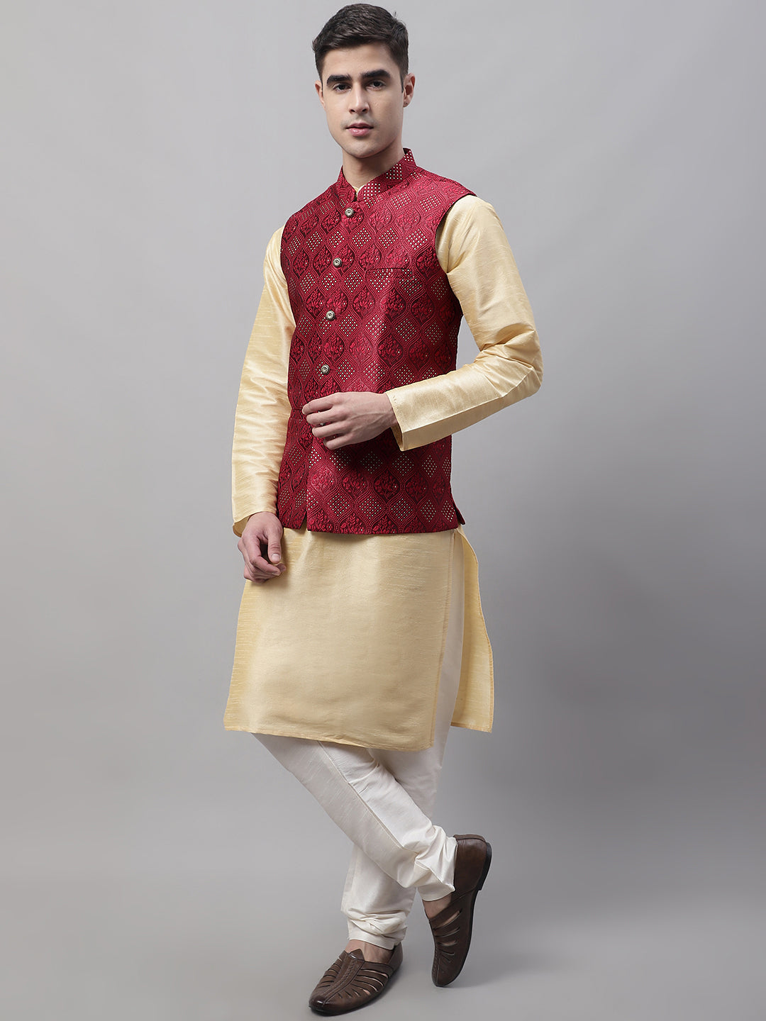 Jompers Men's Golden Solid Kurta Pyjama with Maroon Woven Design Nehru Jacket - Distacart