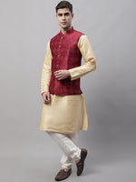 Thumbnail for Jompers Men's Golden Solid Kurta Pyjama with Maroon Woven Design Nehru Jacket - Distacart
