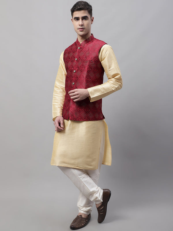 Jompers Men's Golden Solid Kurta Pyjama with Maroon Woven Design Nehru Jacket - Distacart