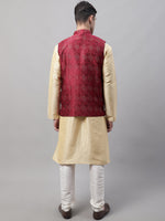 Thumbnail for Jompers Men's Golden Solid Kurta Pyjama with Maroon Woven Design Nehru Jacket - Distacart