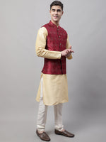 Thumbnail for Jompers Men's Golden Solid Kurta Pyjama with Maroon Woven Design Nehru Jacket - Distacart