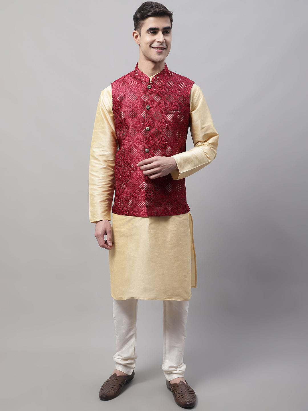 Jompers Men's Golden Solid Kurta Pyjama with Maroon Woven Design Nehru Jacket - Distacart