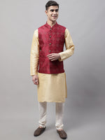 Thumbnail for Jompers Men's Golden Solid Kurta Pyjama with Maroon Woven Design Nehru Jacket - Distacart