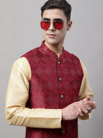 Thumbnail for Jompers Men's Golden Solid Kurta Pyjama with Maroon Woven Design Nehru Jacket - Distacart