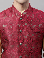 Thumbnail for Jompers Men's Golden Solid Kurta Pyjama with Maroon Woven Design Nehru Jacket - Distacart