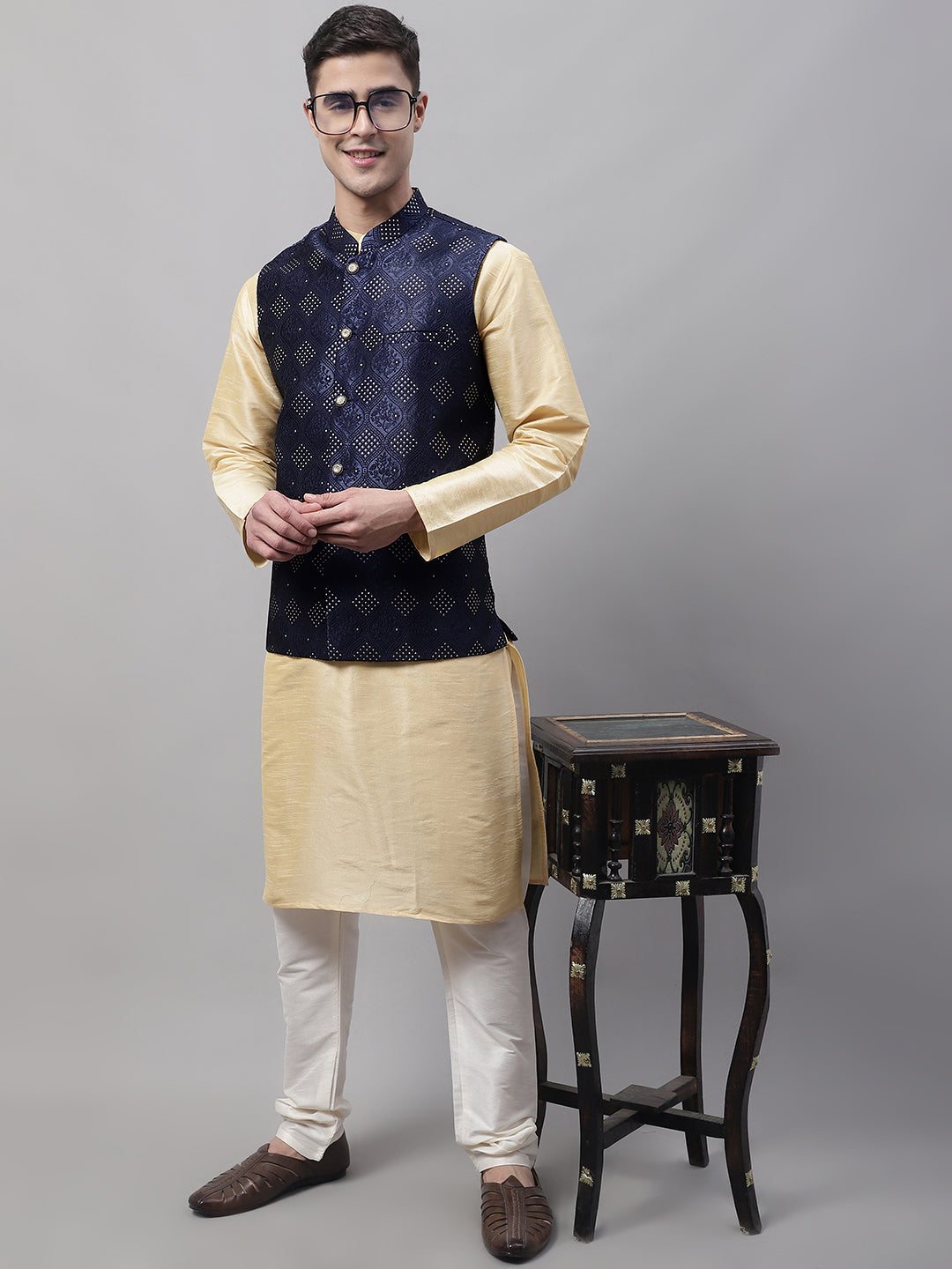 Jompers Men's Golden Solid Kurta Pyjama with Navy Blue Woven Design Nehru Jacket - Distacart