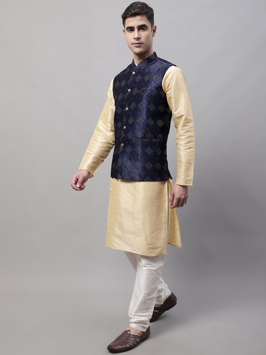 Jompers Men's Golden Solid Kurta Pyjama with Navy Blue Woven Design Nehru Jacket - Distacart