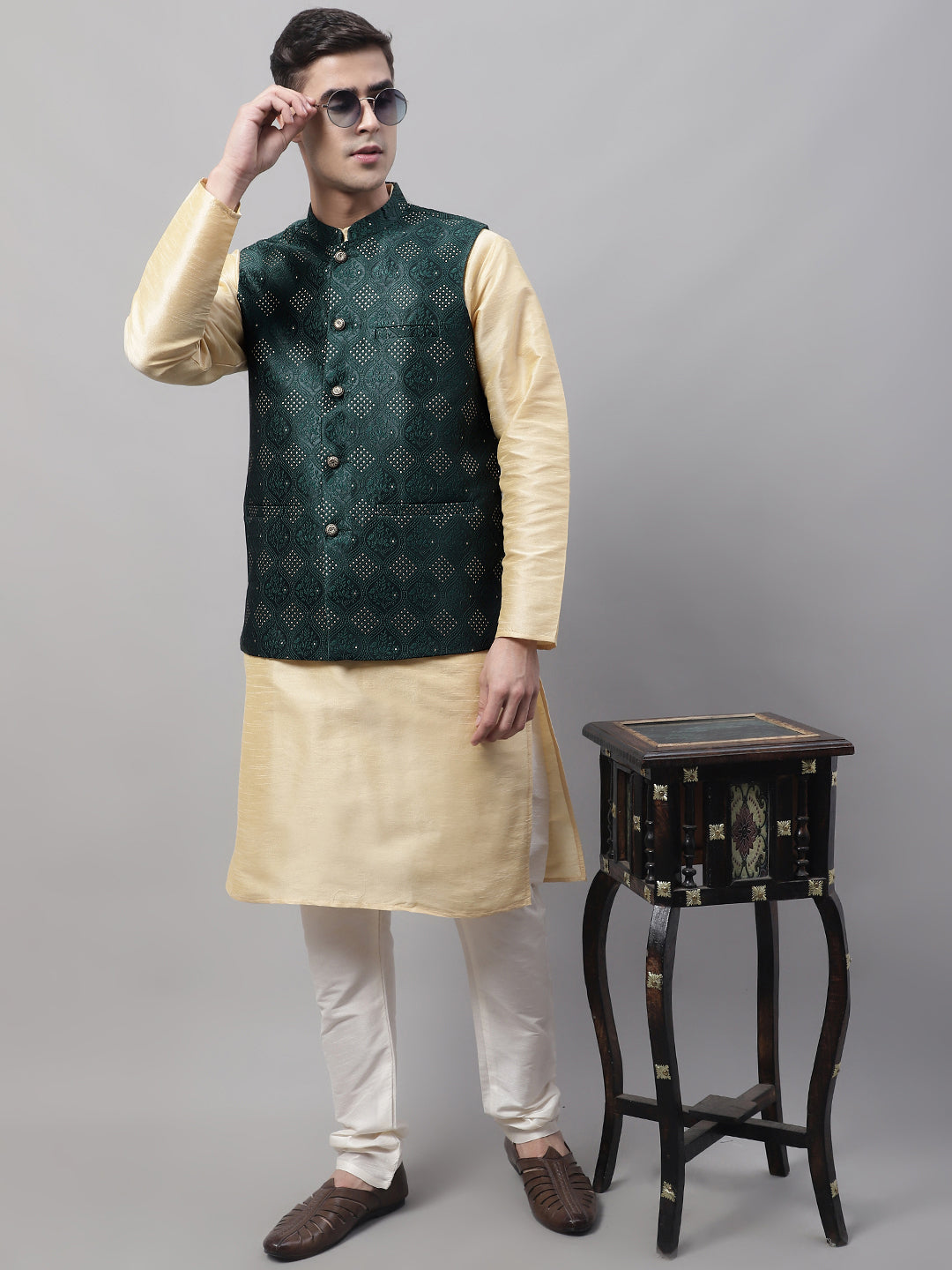 Jompers Men's Golden Solid Kurta Pyjama with Olive Woven Design Nehru Jacket - Distacart