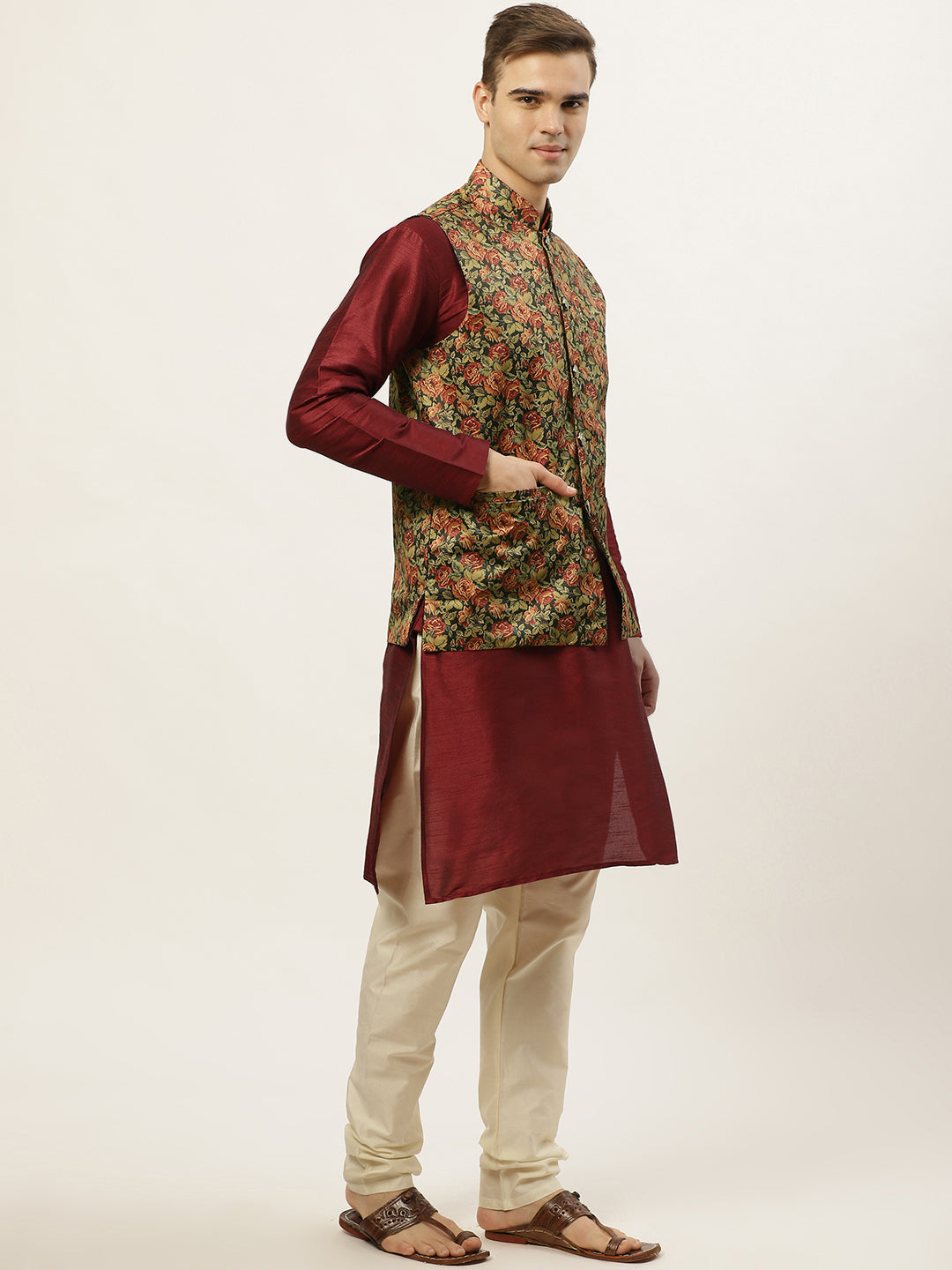 Jompers Men's Printed Nehru Jacket and Kurta Pyjama Set - Black - Distacart