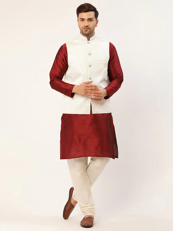 Jompers Men's Solid Kurta Pyjama With White Embroidered Nehru Jacket - Distacart