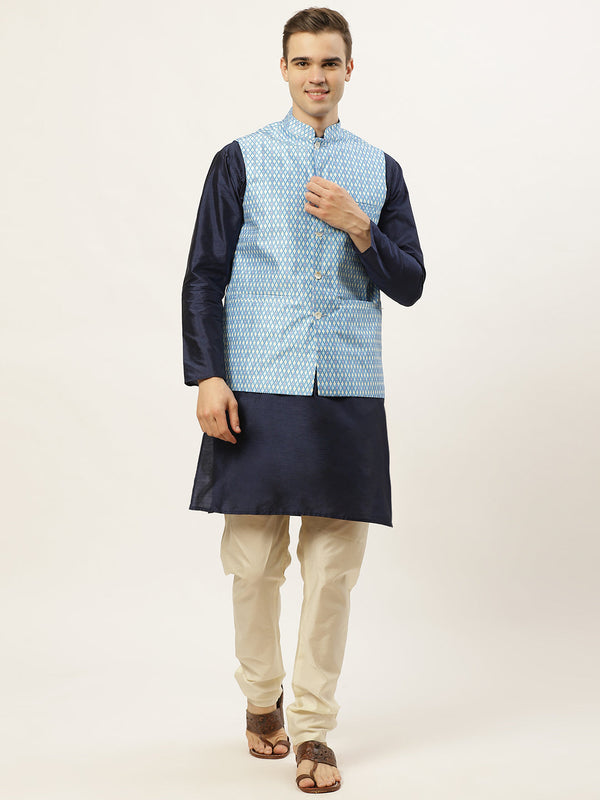 Jompers Men's Ikat Printed Nehru Jacket and Kurta Pyjama Set - Sky Blue - Distacart