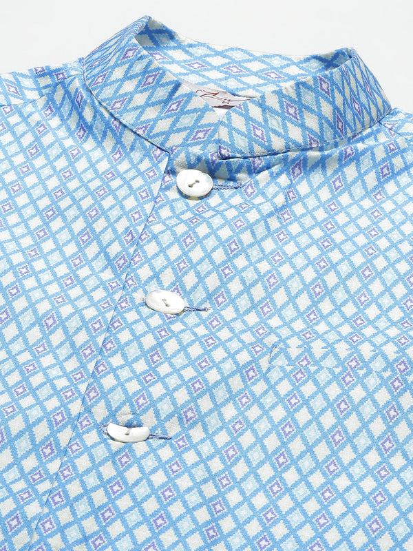 Jompers Men's Ikat Printed Nehru Jacket and Kurta Pyjama Set - Sky Blue - Distacart