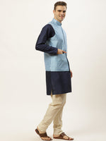 Thumbnail for Jompers Men's Ikat Printed Nehru Jacket and Kurta Pyjama Set - Sky Blue - Distacart