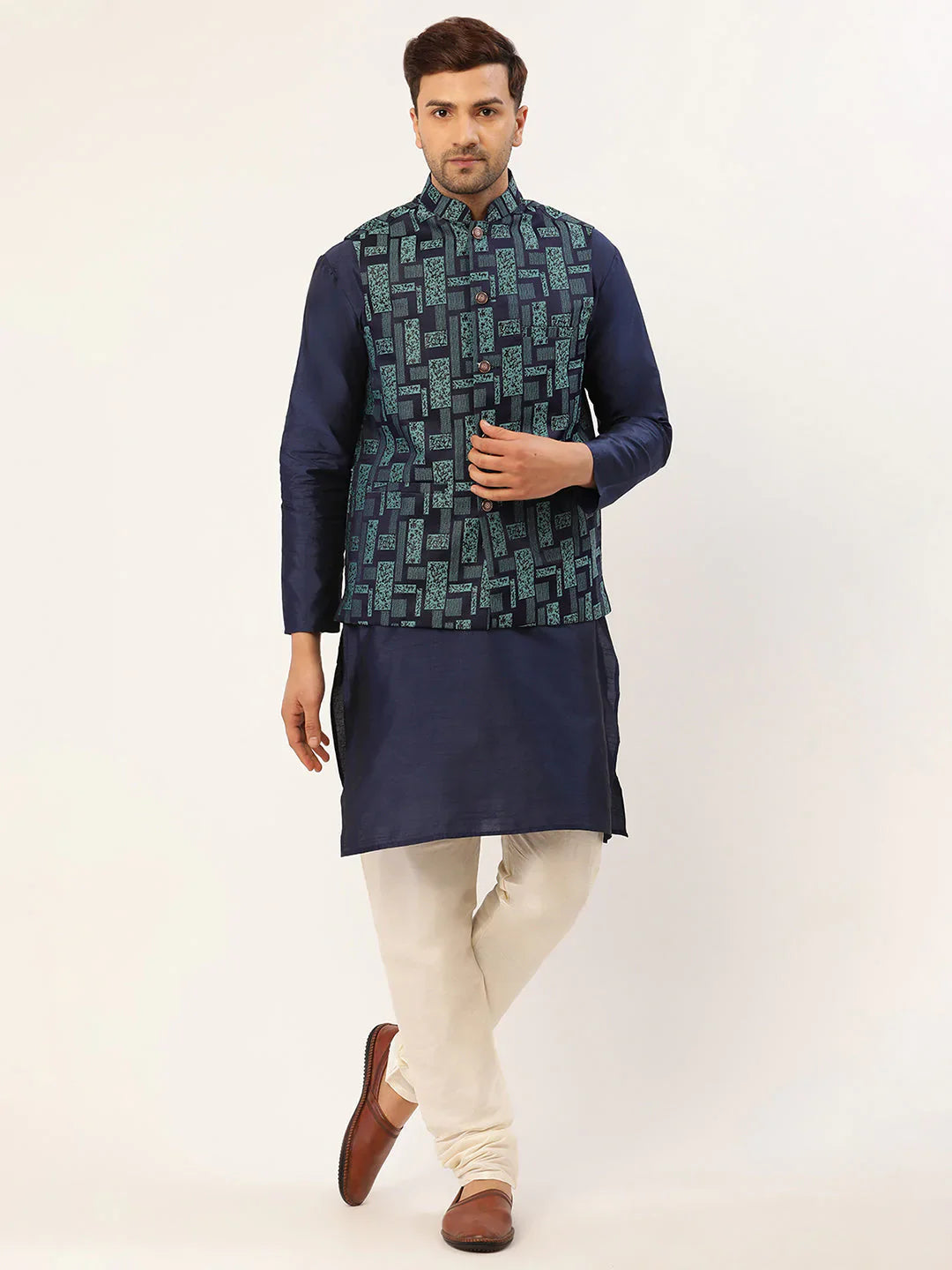 Jompers Men's Solid Kurta Pyjama With Blue Woven Design Nehru Jacket - Distacart