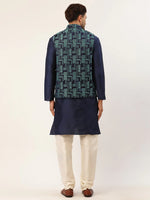 Thumbnail for Jompers Men's Solid Kurta Pyjama With Blue Woven Design Nehru Jacket - Distacart