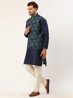 Thumbnail for Jompers Men's Solid Kurta Pyjama With Blue Woven Design Nehru Jacket - Distacart