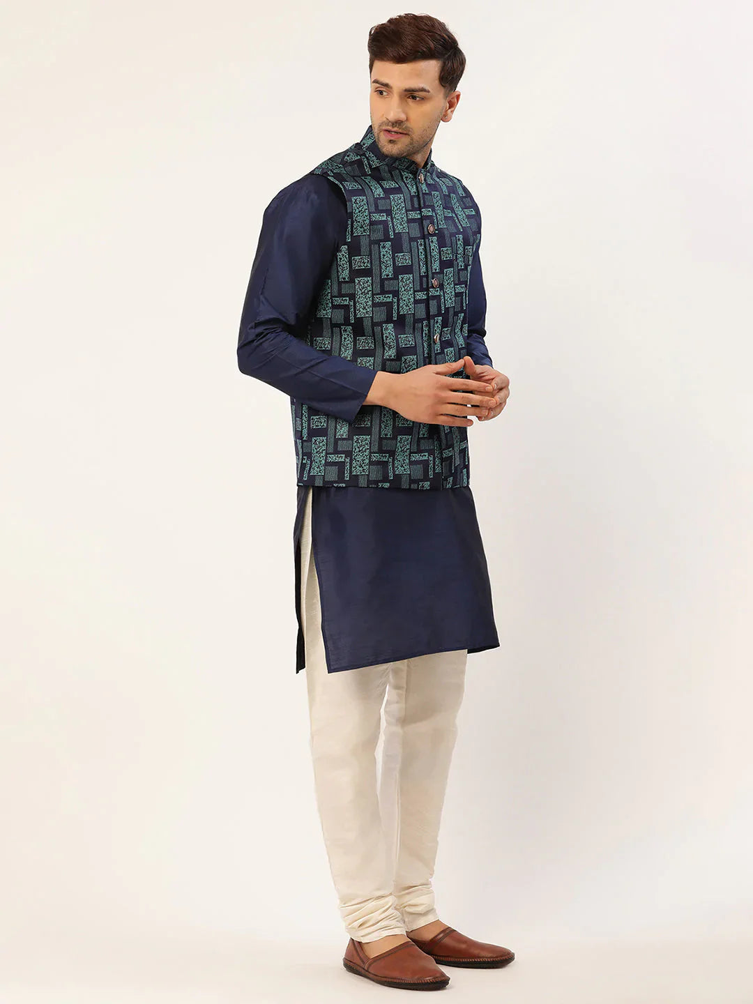 Jompers Men's Solid Kurta Pyjama With Blue Woven Design Nehru Jacket - Distacart