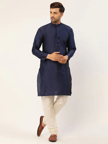 Jompers Men's Solid Kurta Pyjama With Blue Woven Design Nehru Jacket - Distacart