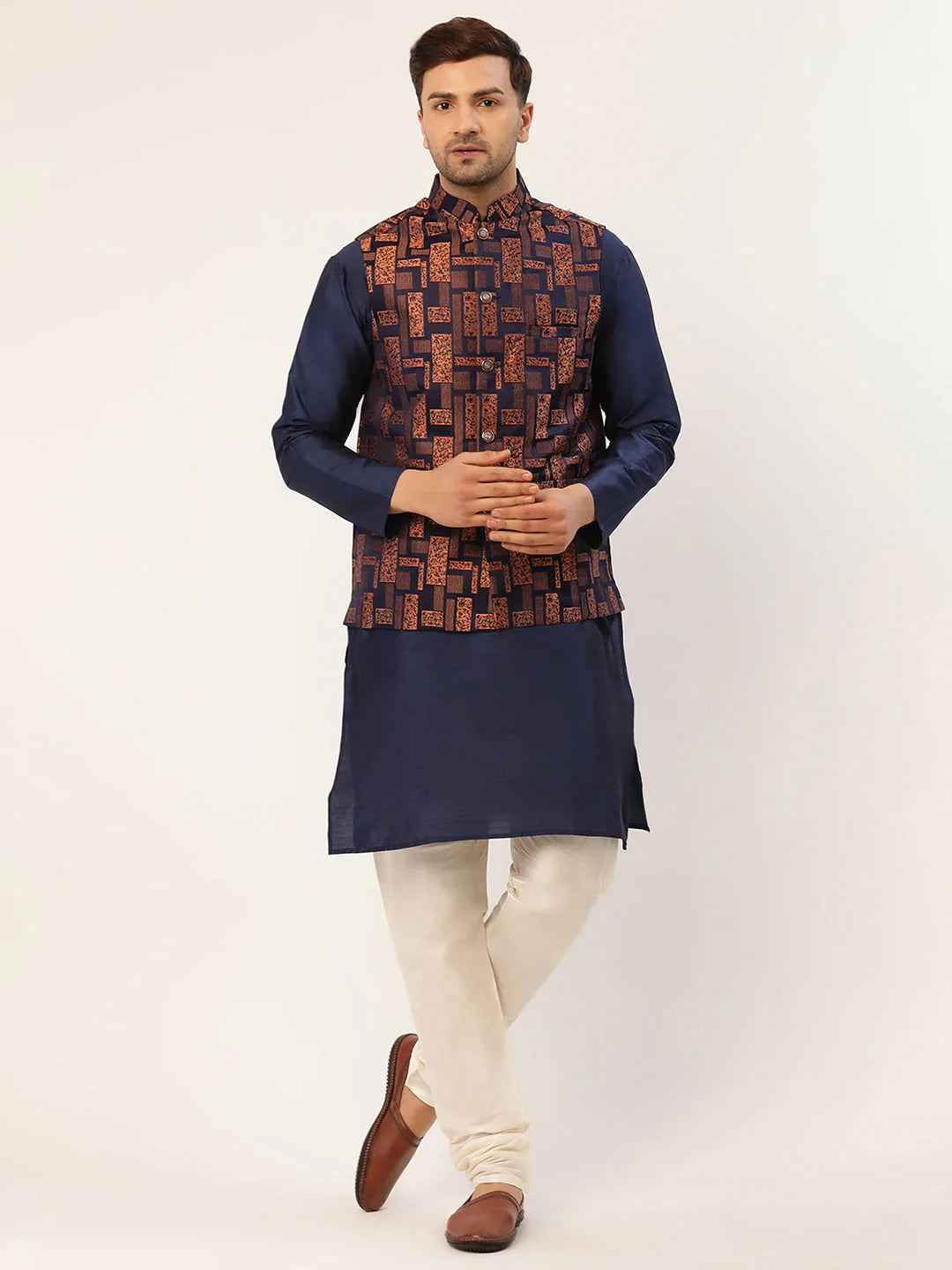 Jompers Men's Solid Kurta Pyjama With Bronze Woven Design Nehru Jacket - Distacart