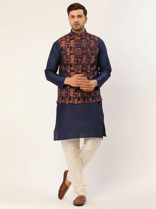 Jompers Men's Solid Kurta Pyjama With Bronze Woven Design Nehru Jacket - Distacart