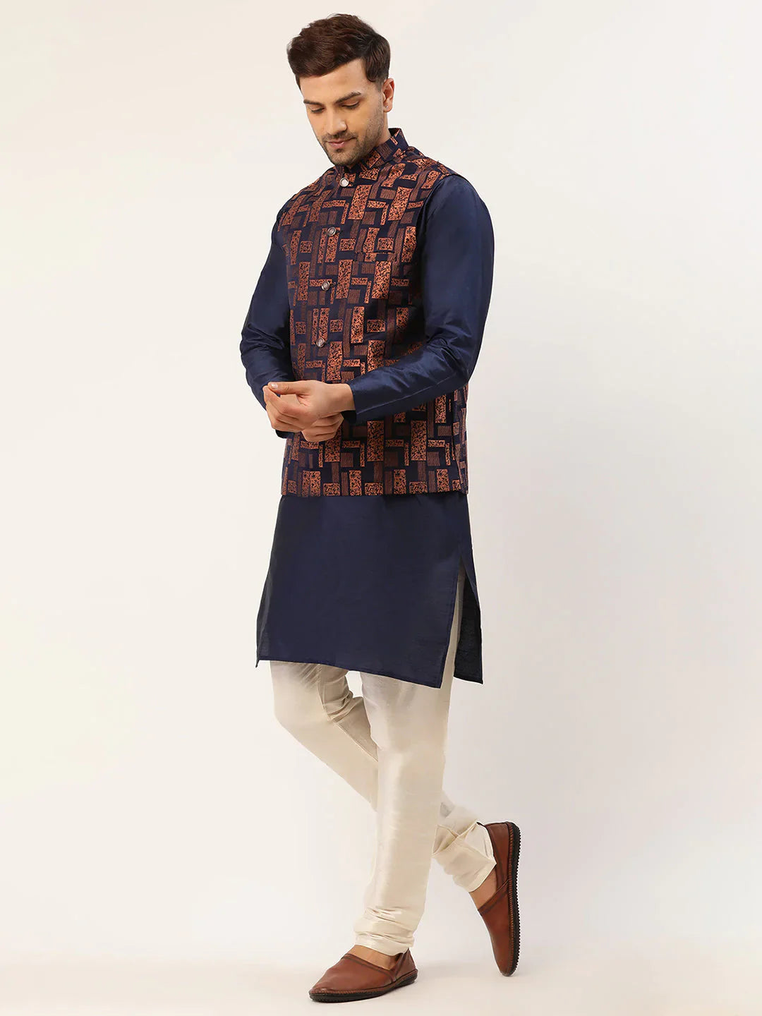 Jompers Men's Solid Kurta Pyjama With Bronze Woven Design Nehru Jacket - Distacart