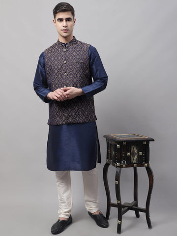 Jompers Men's Navy Blue Solid Kurta Pyjama with Brown Woven Design Nehru Jacket - Distacart