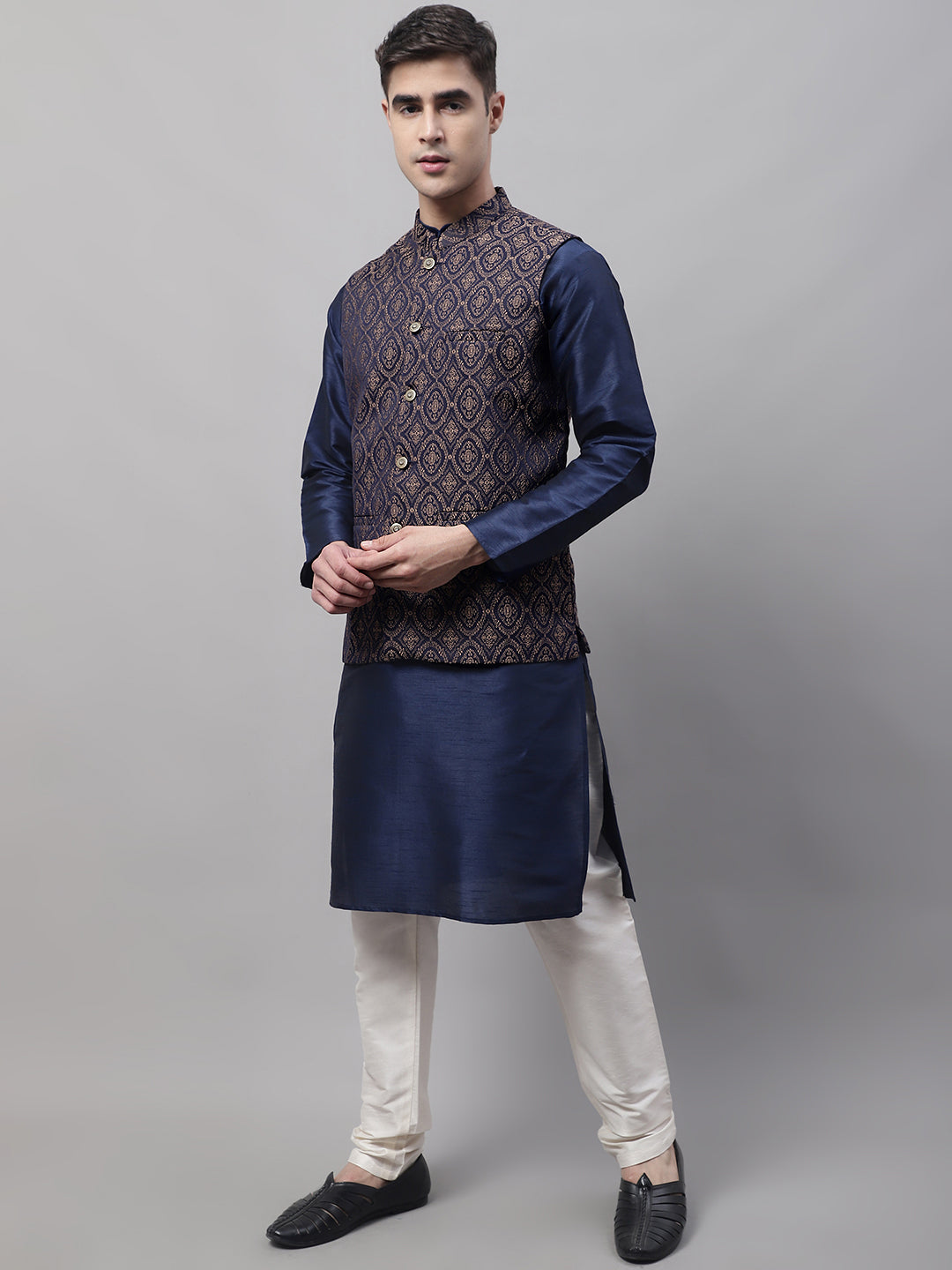 Jompers Men's Navy Blue Solid Kurta Pyjama with Brown Woven Design Nehru Jacket - Distacart