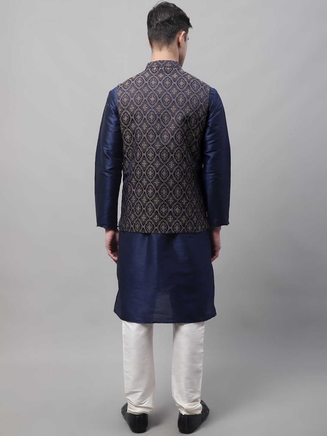 Jompers Men's Navy Blue Solid Kurta Pyjama with Brown Woven Design Nehru Jacket - Distacart