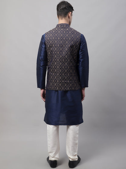 Jompers Men's Navy Blue Solid Kurta Pyjama with Brown Woven Design Nehru Jacket - Distacart