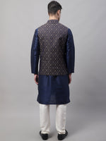 Thumbnail for Jompers Men's Navy Blue Solid Kurta Pyjama with Brown Woven Design Nehru Jacket - Distacart