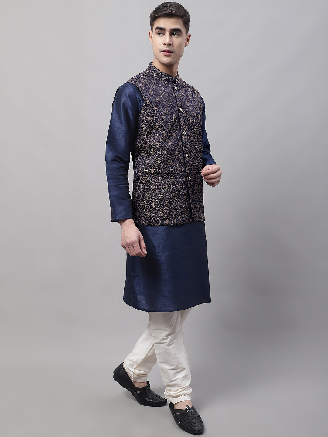 Jompers Men's Navy Blue Solid Kurta Pyjama with Brown Woven Design Nehru Jacket - Distacart