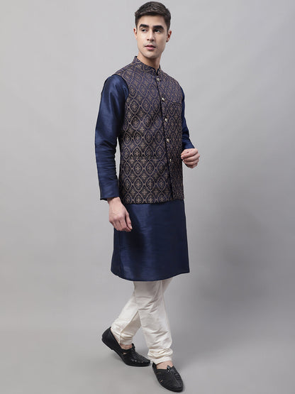 Jompers Men's Navy Blue Solid Kurta Pyjama with Brown Woven Design Nehru Jacket - Distacart