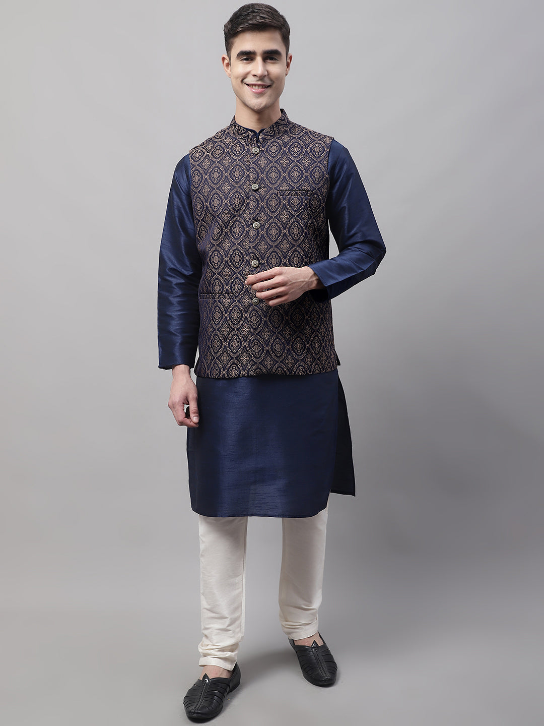 Jompers Men's Navy Blue Solid Kurta Pyjama with Brown Woven Design Nehru Jacket - Distacart