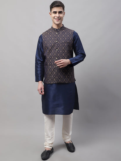 Jompers Men's Navy Blue Solid Kurta Pyjama with Brown Woven Design Nehru Jacket - Distacart