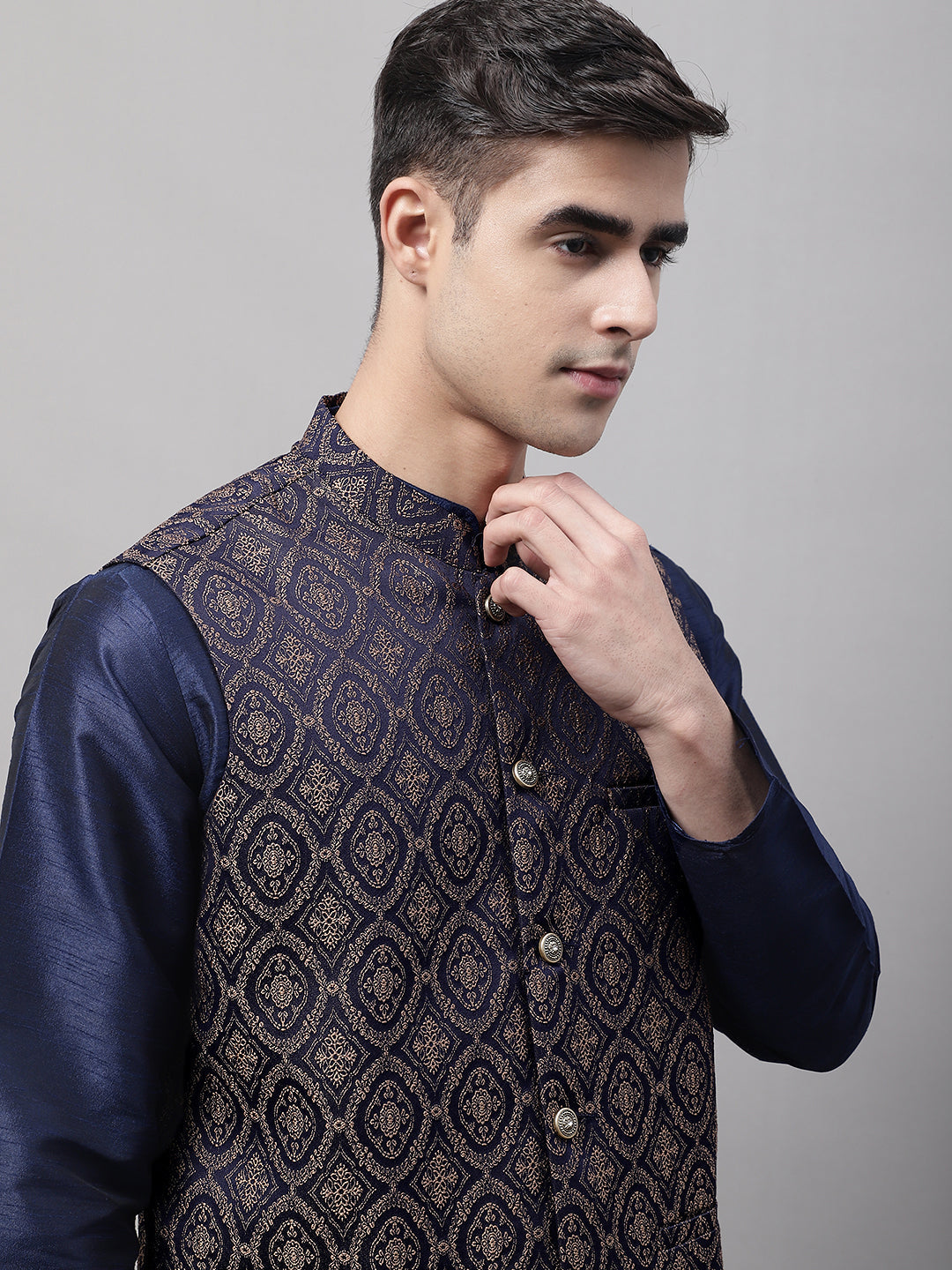 Jompers Men's Navy Blue Solid Kurta Pyjama with Brown Woven Design Nehru Jacket - Distacart