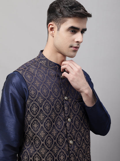 Jompers Men's Navy Blue Solid Kurta Pyjama with Brown Woven Design Nehru Jacket - Distacart