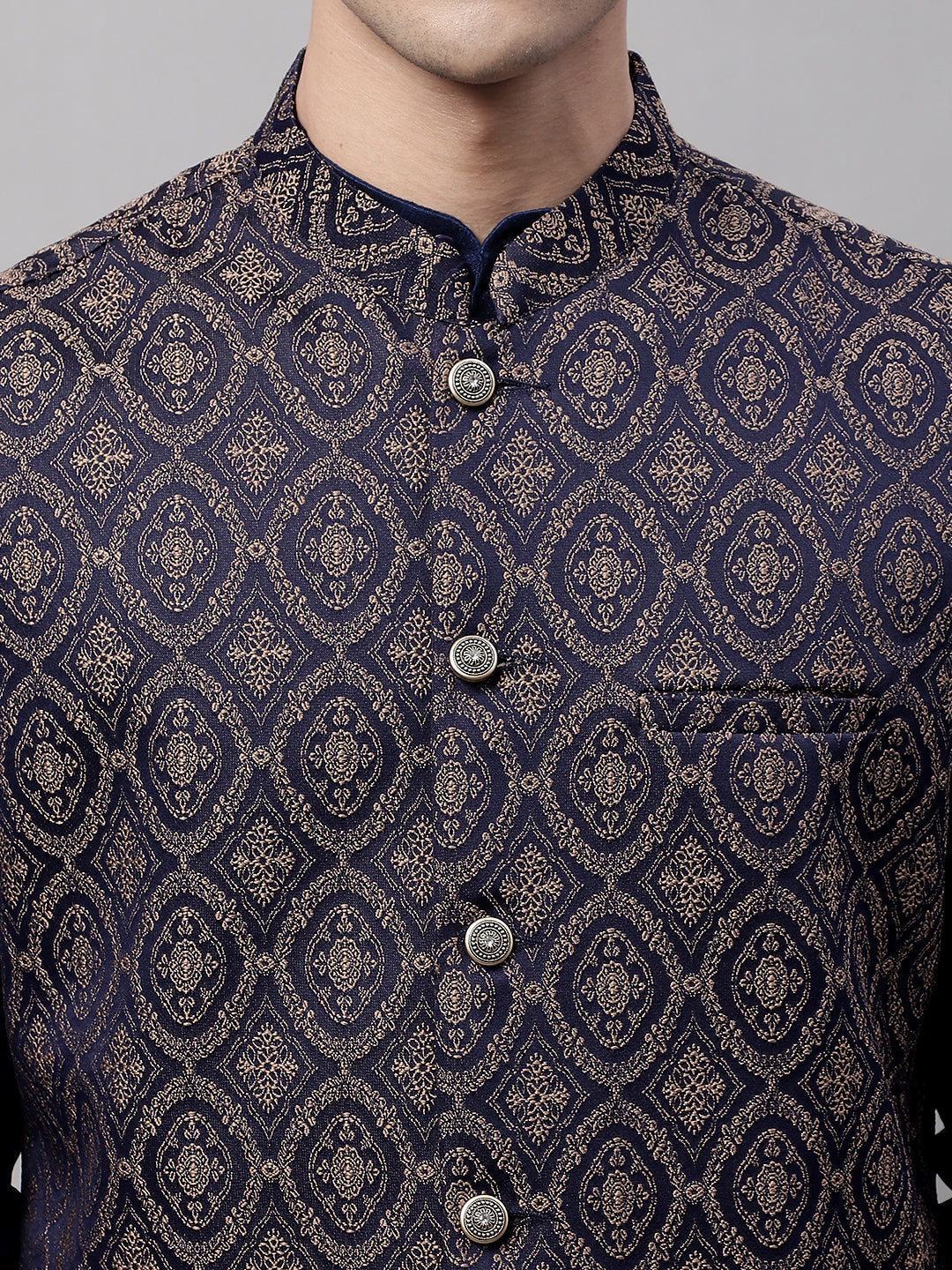 Jompers Men's Navy Blue Solid Kurta Pyjama with Brown Woven Design Nehru Jacket - Distacart