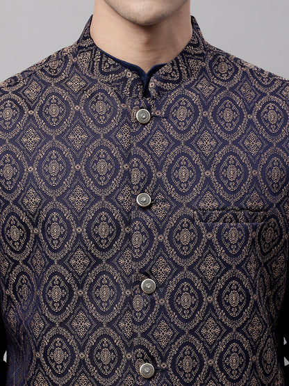 Jompers Men's Navy Blue Solid Kurta Pyjama with Brown Woven Design Nehru Jacket - Distacart