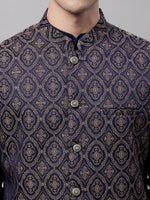 Thumbnail for Jompers Men's Navy Blue Solid Kurta Pyjama with Brown Woven Design Nehru Jacket - Distacart