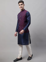 Thumbnail for Jompers Men's Navy Blue Solid Kurta Pyjama with Maroon Woven Design Nehru Jacket - Distacart