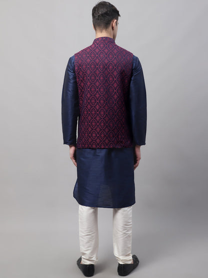 Jompers Men's Navy Blue Solid Kurta Pyjama with Maroon Woven Design Nehru Jacket - Distacart