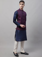 Thumbnail for Jompers Men's Navy Blue Solid Kurta Pyjama with Maroon Woven Design Nehru Jacket - Distacart