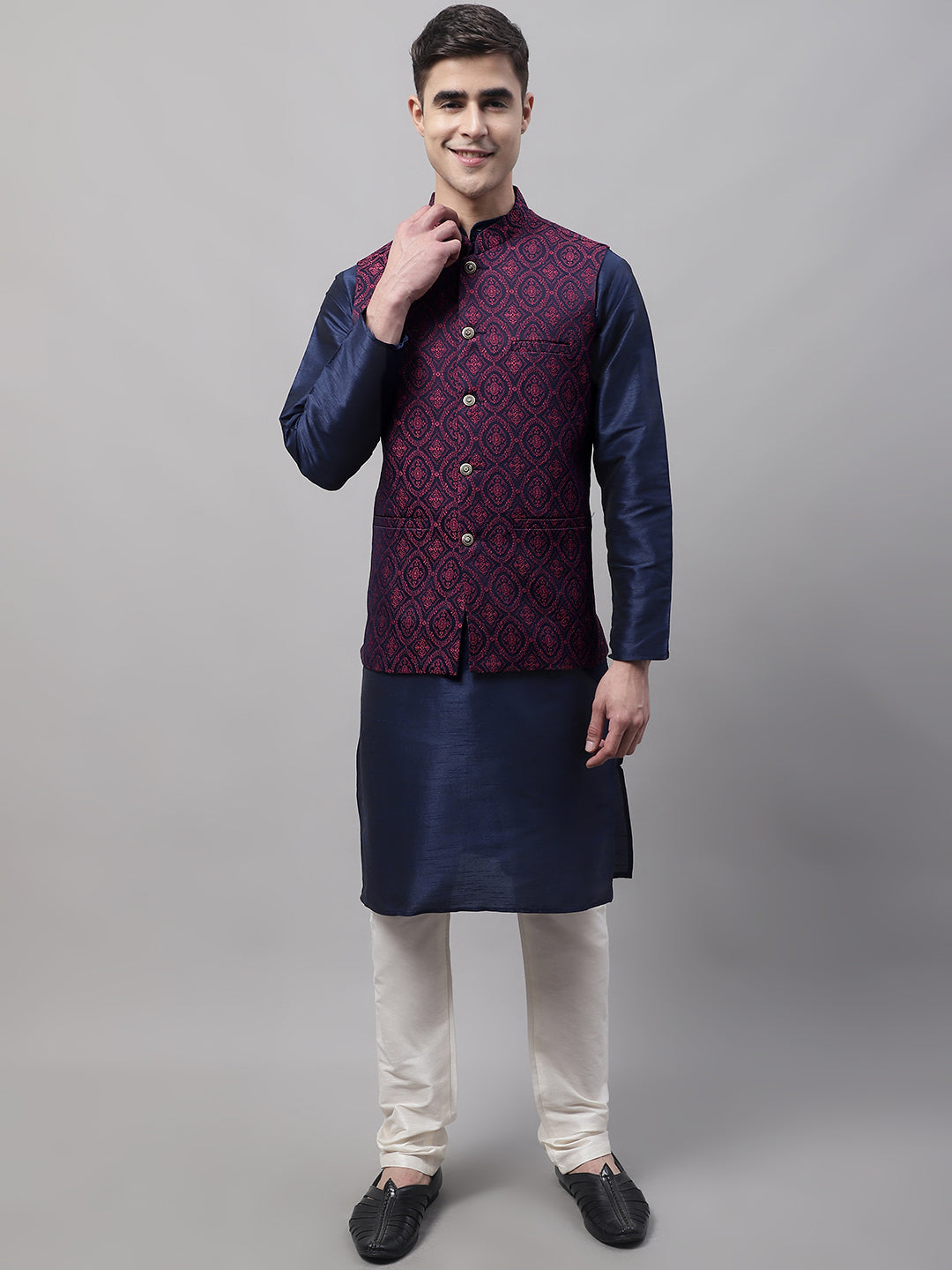 Jompers Men's Navy Blue Solid Kurta Pyjama with Maroon Woven Design Nehru Jacket - Distacart