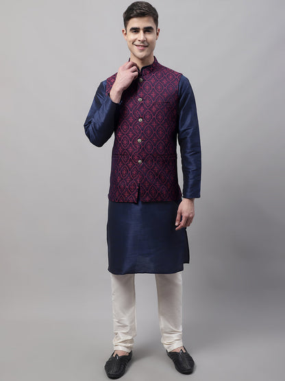 Jompers Men's Navy Blue Solid Kurta Pyjama with Maroon Woven Design Nehru Jacket - Distacart