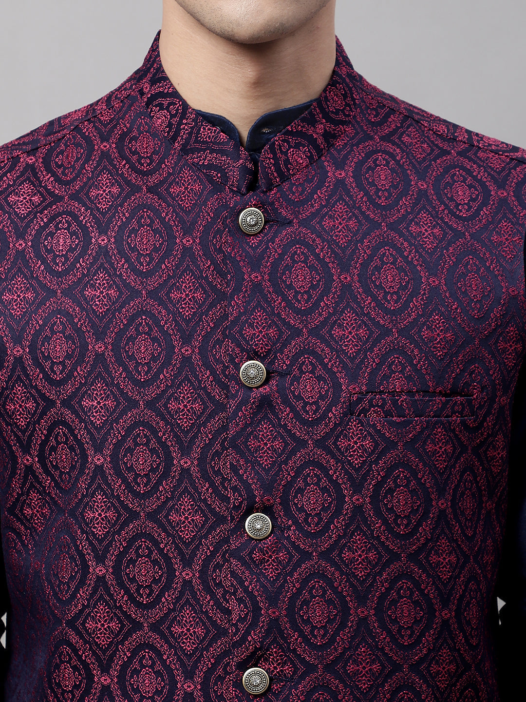 Jompers Men's Navy Blue Solid Kurta Pyjama with Maroon Woven Design Nehru Jacket - Distacart
