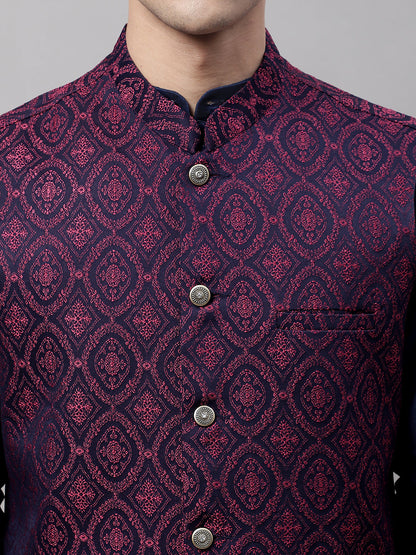 Jompers Men's Navy Blue Solid Kurta Pyjama with Maroon Woven Design Nehru Jacket - Distacart