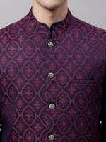 Thumbnail for Jompers Men's Navy Blue Solid Kurta Pyjama with Maroon Woven Design Nehru Jacket - Distacart