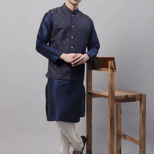 Jompers Men's Navy Blue Solid Kurta Pyjama with Silver Woven Design Nehru Jacket - Distacart