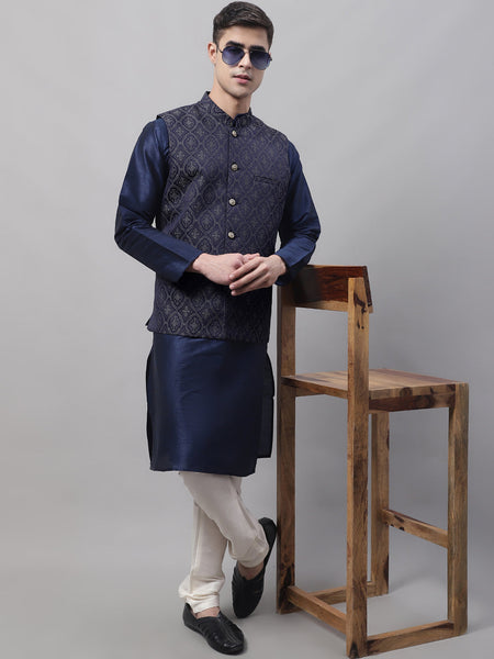 Jompers Men's Navy Blue Solid Kurta Pyjama with Silver Woven Design Nehru Jacket - Distacart