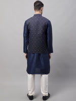 Thumbnail for Jompers Men's Navy Blue Solid Kurta Pyjama with Silver Woven Design Nehru Jacket - Distacart